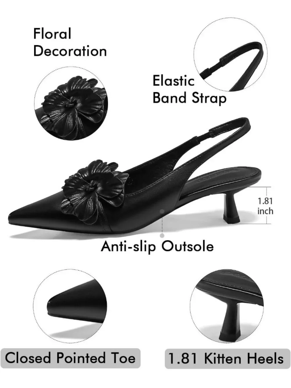 Women's Black Flower Closed Pointed Toe Slingback Kitten Heels Wedding Pumps